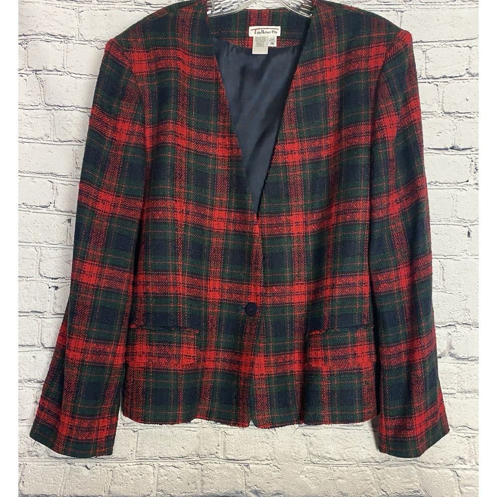 Vtg Talbots Plaid Red Navy Green 90s Blazer 16 Wool Blend Christmas Clueless
